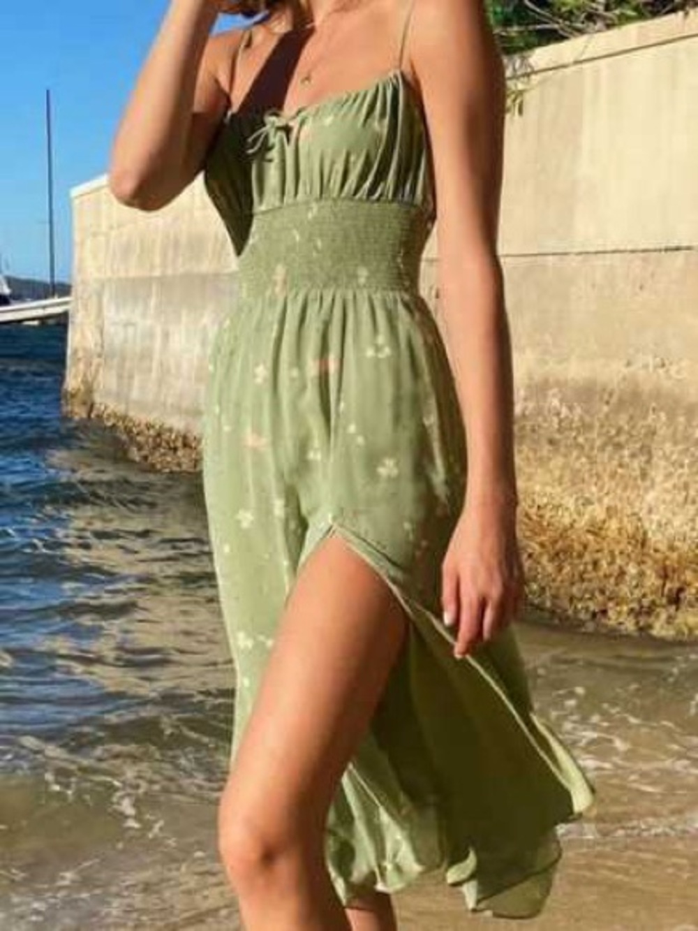 Aritzia Olive Green Floral Smocked Midi Dress